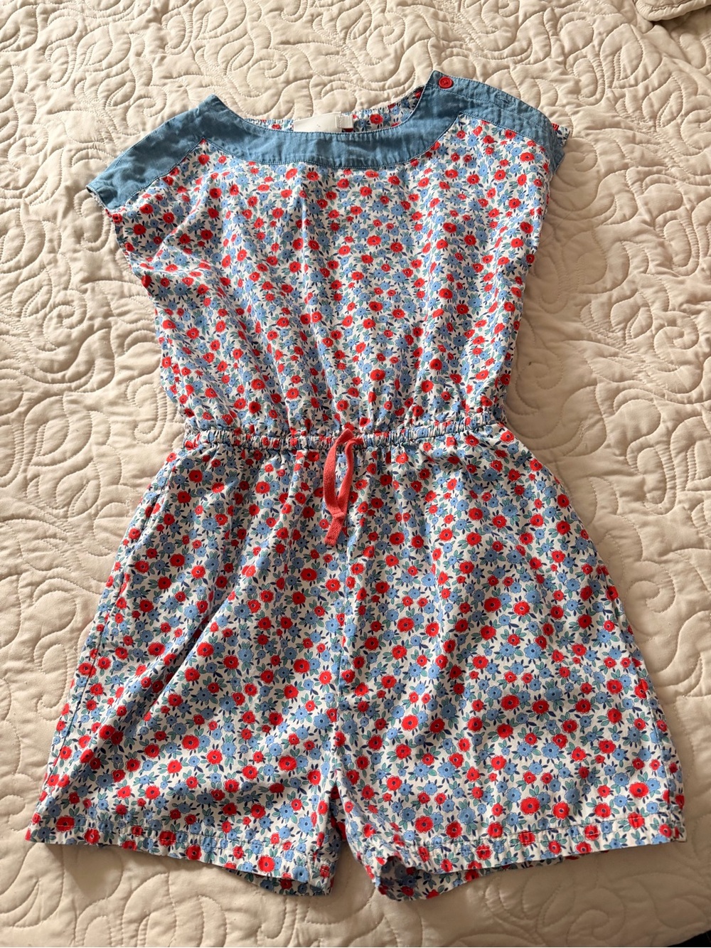 Mini Boden Girls' Floral Blue and Red Romper Size 11-12
